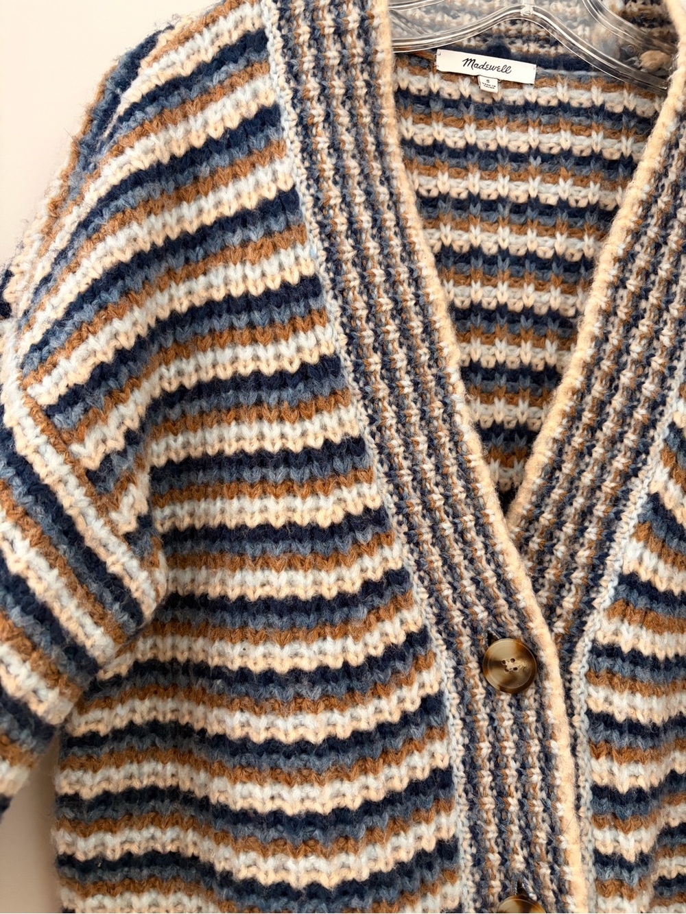 Madewell Striped Wool V-Neck Button Cardigan in Navy, Cream & Brown. - Picture 2 of 2